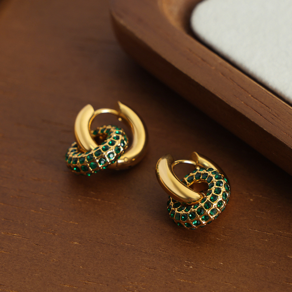 Gold Tone Stainless Steel Hoop Earrings | Detachable Green Crystal Pavé Charm - 主图-3-2 