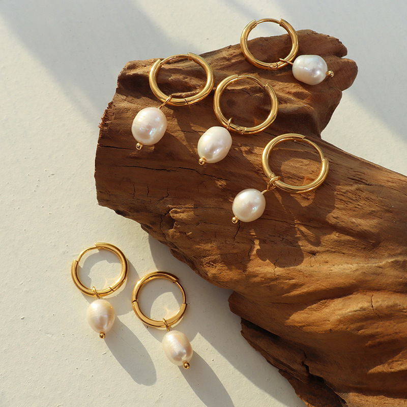 Gold Tone Stainless Steel Hoop Earrings | Dainty Baroque Freshwater Pearl Dangle - 主图-3-3 