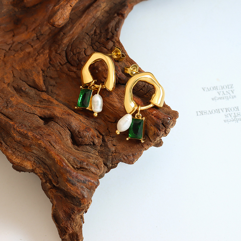 Gold Tone Stainless Steel Abstract Drop Earrings | Green Crystal & Baroque Pearl Dangle - 主图-3-4 
