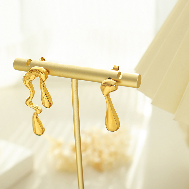 Gold Tone Stainless Steel Abstract Drop Earrings | Modern Fluid "Melted" Design Stud - 主图-3-5 