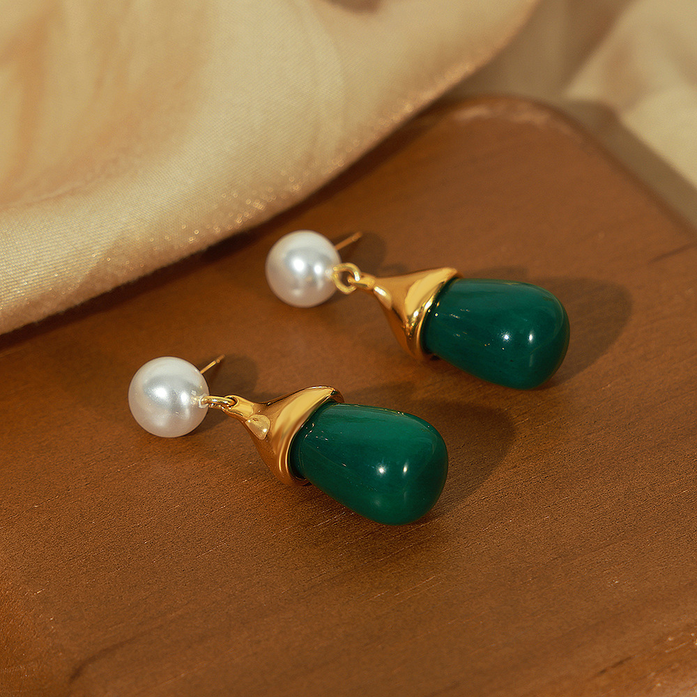 Gold Tone Pearl & Teardrop Stone Drop Earrings | Multi-Color Dangle Options - 主图-3-6 
