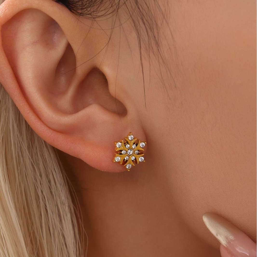 Gold Tone Crystal Snowflake Stud Earrings | Dazzling Festive Bling - 主图-3-7 