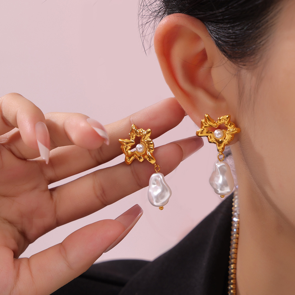Gold Tone Abstract Floral Pearl Drop Earrings | Modern Baroque Freshwater Pearl Studs - -4-2 