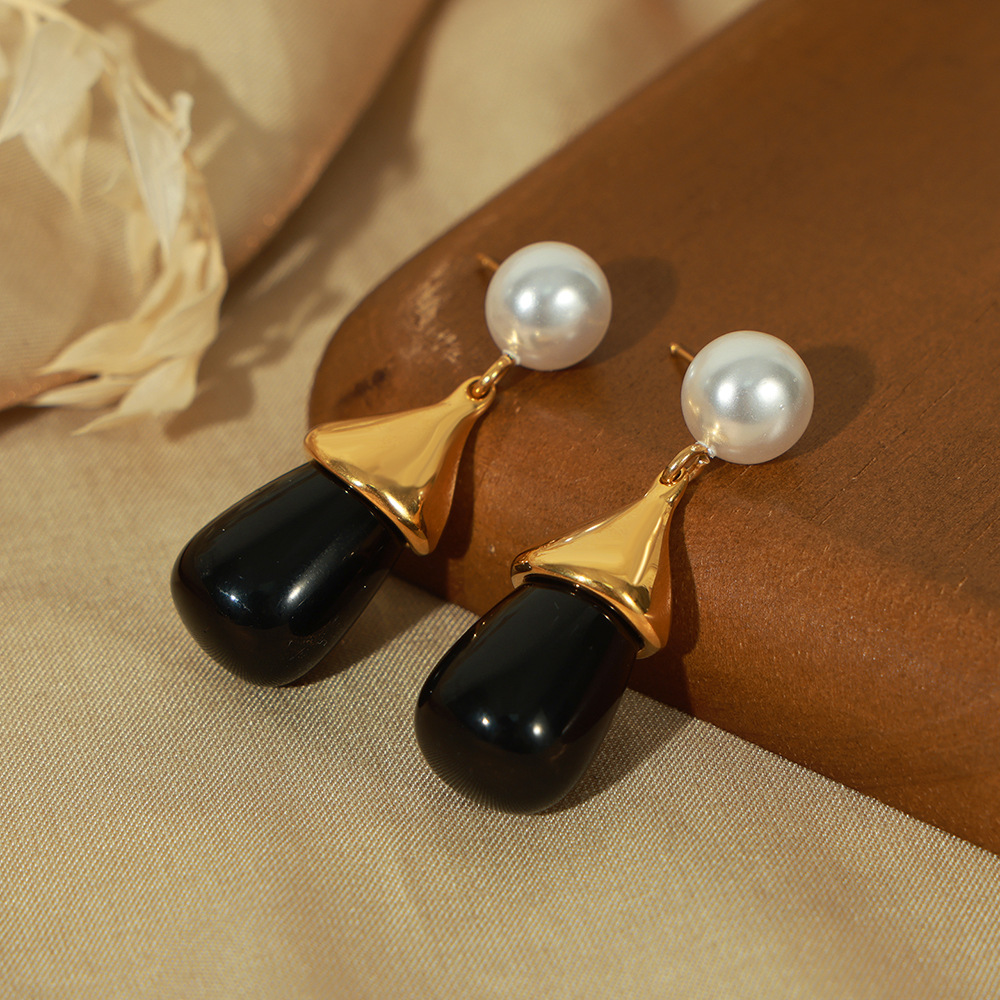 Gold Tone Pearl & Teardrop Stone Drop Earrings | Multi-Color Dangle Options - 主图-4-5 
