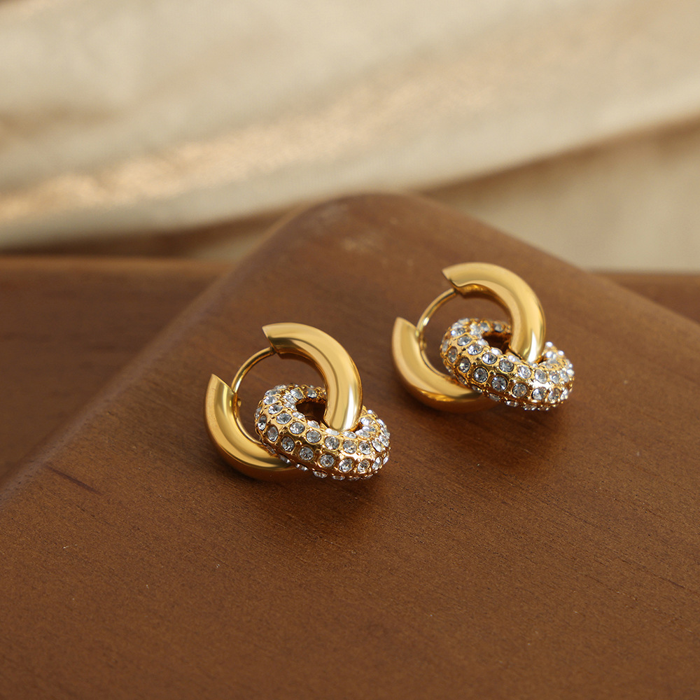 Gold Tone Stainless Steel Hoop Earrings | Detachable Green Crystal Pavé Charm - 主图-4 