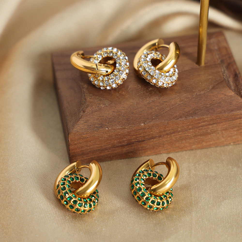 Gold Tone Stainless Steel Hoop Earrings | Detachable Green Crystal Pavé Charm - 主图-5-1 