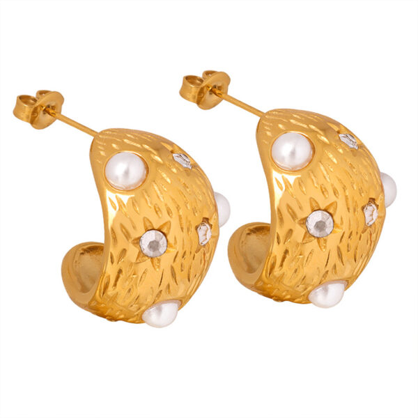 Gold Tone Chunky Textured C-Hoop Earrings | Pearl & Crystal Embellished