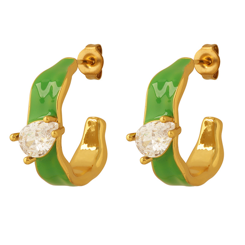 Gold Tone Green Enamel C-Hoop Earrings | Teardrop Crystal Accent