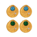 Gold Plated Statement Earrings with Turquoise/Malachite & Crystal – Vintage Inspired Disc Design