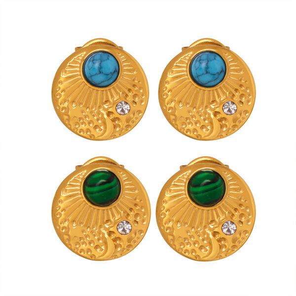 Gold Plated Statement Earrings with Turquoise/Malachite & Crystal - Vintage Inspired Disc Design