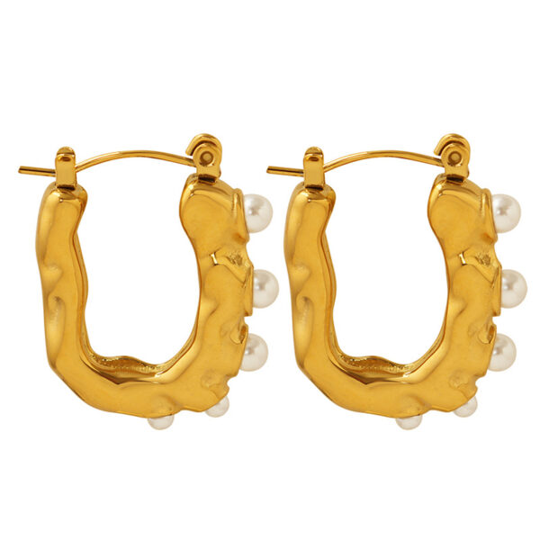 Gold Irregular Hoop Earrings with Pearl Accents - Unique Textured Design