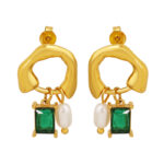 Gold Tone Stainless Steel Abstract Drop Earrings | Green Crystal & Baroque Pearl Dangle