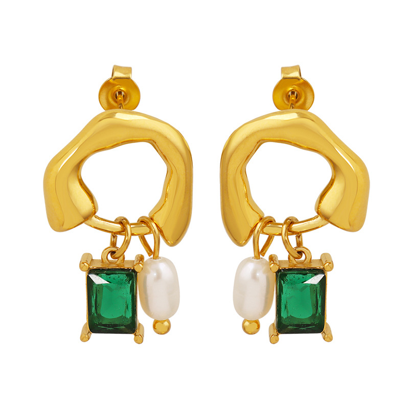 Gold Tone Stainless Steel Abstract Drop Earrings | Green Crystal & Baroque Pearl Dangle