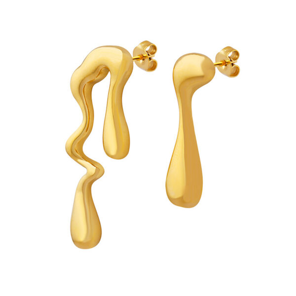 Gold Tone Stainless Steel Abstract Drop Earrings | Modern Fluid "Melted" Design Stud