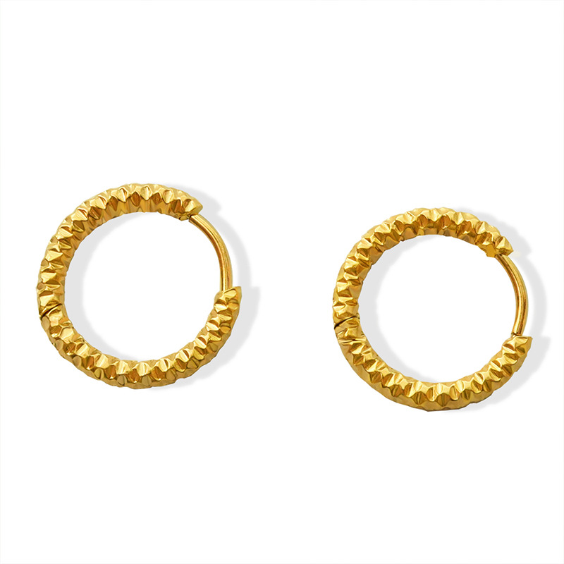 Gold Tone Stainless Steel Textured Hoop Earrings | Modern Faceted Design