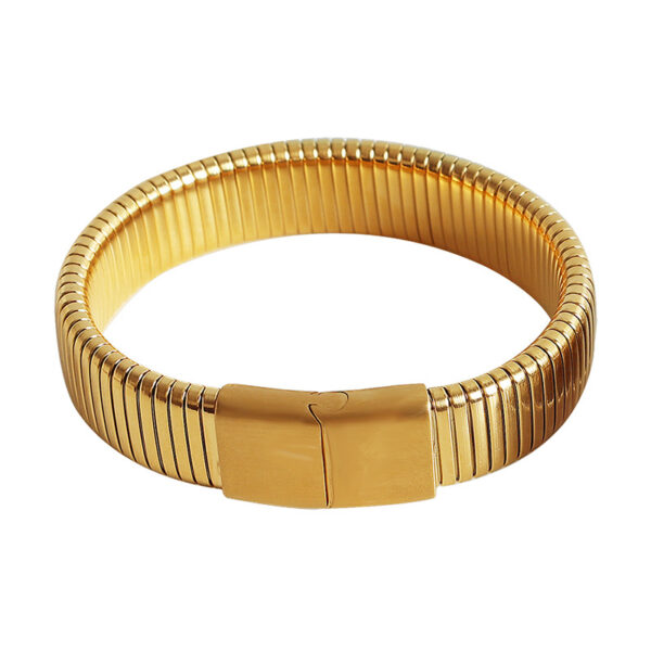 Gold Tone Stainless Steel Expandable Ribbed Bracelet | Modern Flexible Bangle