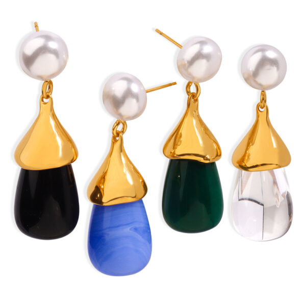 Gold Tone Pearl & Teardrop Stone Drop Earrings | Multi-Color Dangle Options
