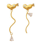 Gold Tone Wavy Dangle Earrings with Heart Stud & Teardrop Crystal | Asymmetrical