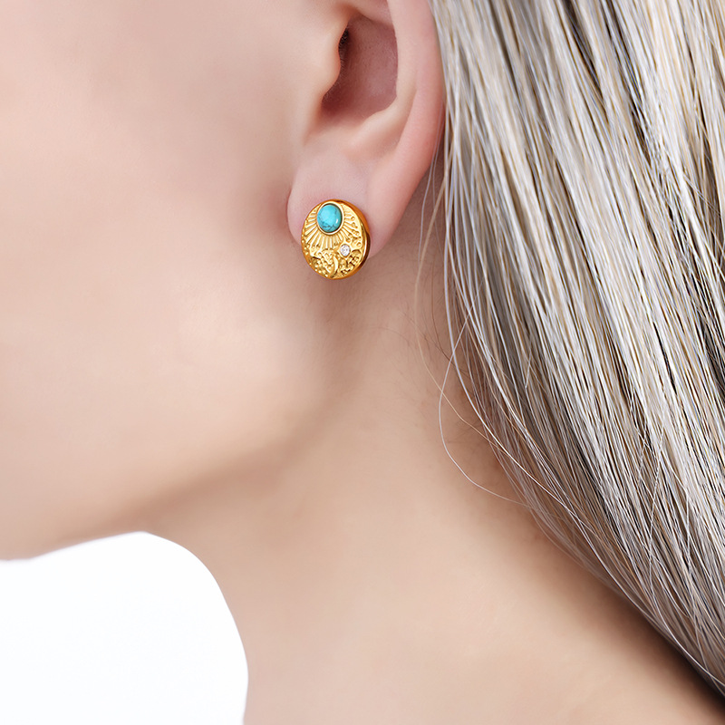 Gold Plated Statement Earrings with Turquoise/Malachite & Crystal - Vintage Inspired Disc Design - 主图-6-10 