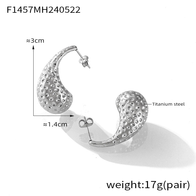Silver Teardrop Dangle Earrings - Textured Hammered Finish - Stainless Steel Studs - 主图-6-15 