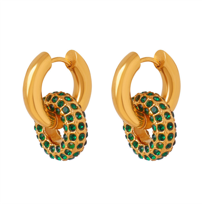 Gold Tone Stainless Steel Hoop Earrings | Detachable Green Crystal Pavé Charm