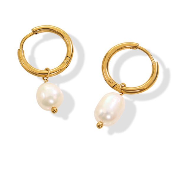 Gold Tone Stainless Steel Hoop Earrings | Dainty Baroque Freshwater Pearl Dangle