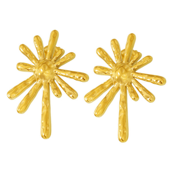 Gold Tone Hammered Sunburst Stud Earrings | Unique Statement Ray Design