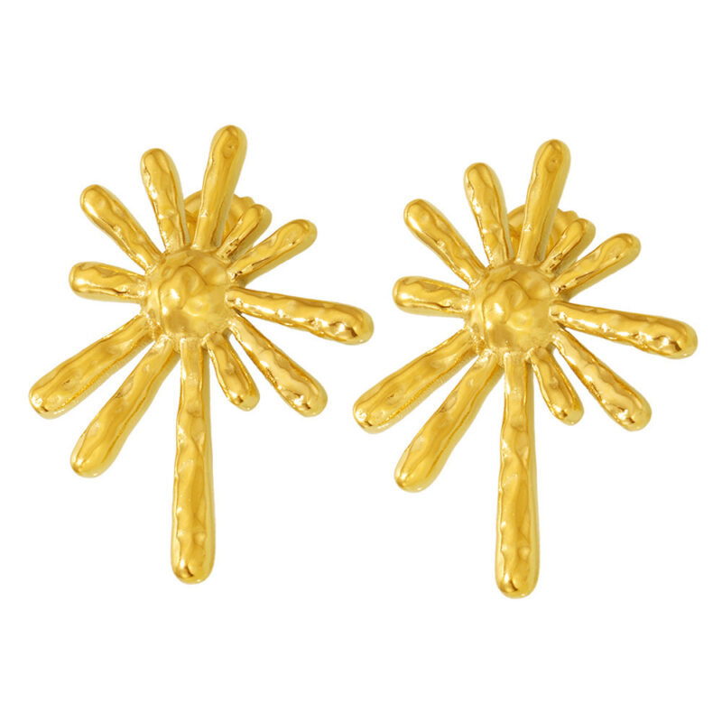 Gold Tone Hammered Sunburst Stud Earrings | Unique Statement Ray Design