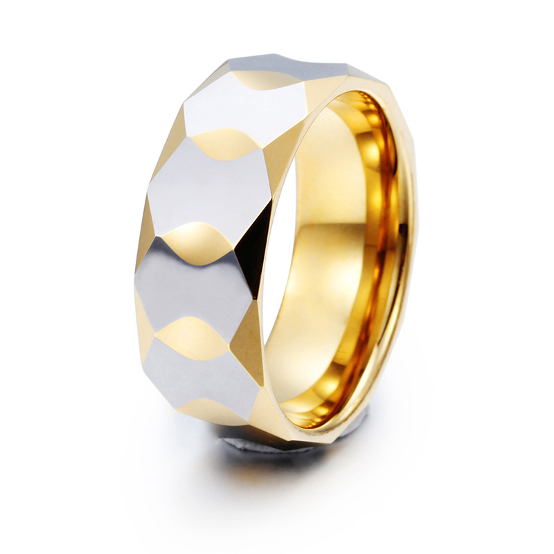 Gold Tone Stainless Steel Geometric Inlay Ring | Faceted Band with White Pattern - 主图-6 