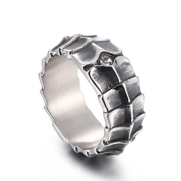 Stainless Steel Dragon Scale Ring | Men's Textured Band with Crystal Accent