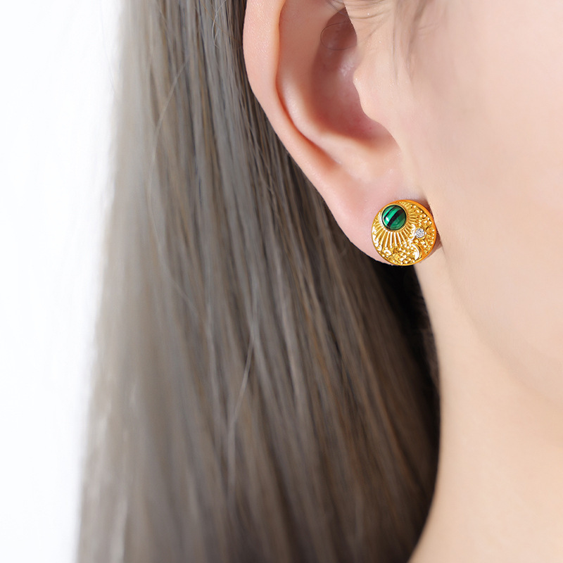 Gold Plated Statement Earrings with Turquoise/Malachite & Crystal - Vintage Inspired Disc Design - 主图-7-10 