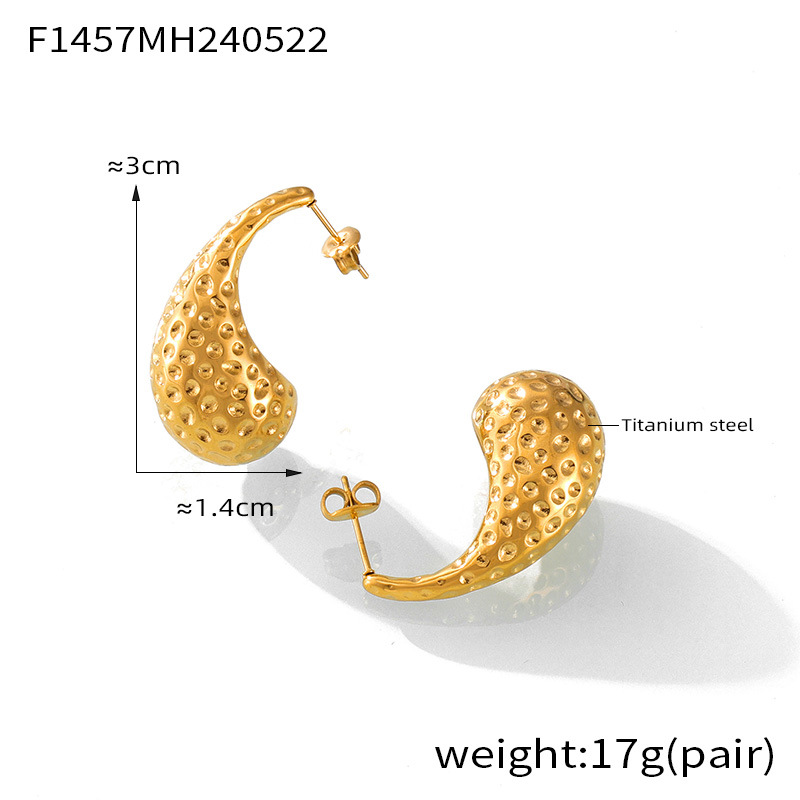 Gold Teardrop Dangle Earrings - Textured Hammered Finish - Stainless Steel Studs - 主图-7-15 