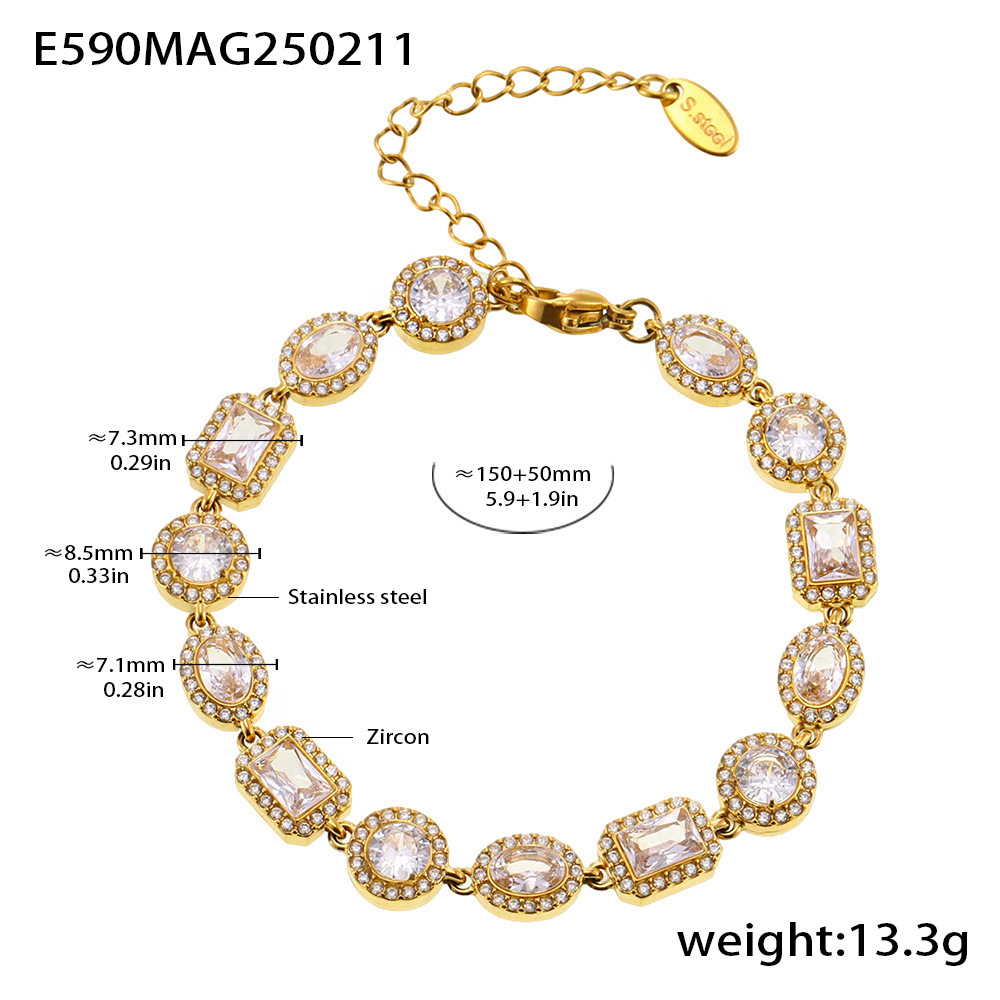 Gold Tone Stainless Steel Crystal Pave Link Bracelet | Women's Adjustable Glam Chain - 主图-7-2 