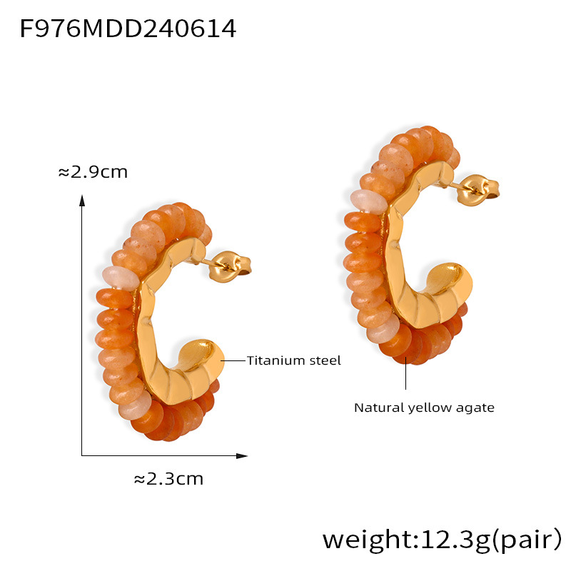 Gold Tone Beaded C-Hoop Earrings | Multi-Color, Orange, & Turquoise Stone Options - 主图-7-4 