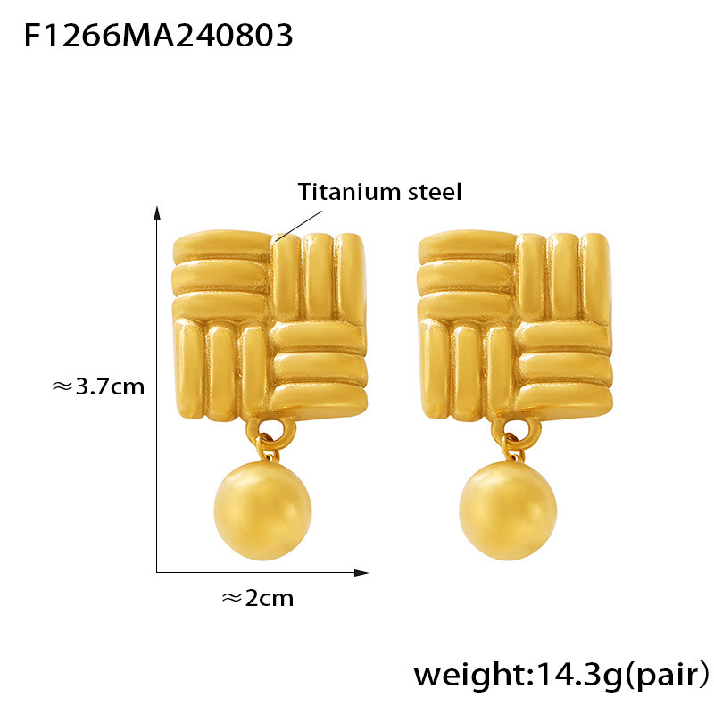 Gold Plated Square Woven Drop Earrings with Ball Dangle - Textured Statement Jewelry - 主图-8-8 