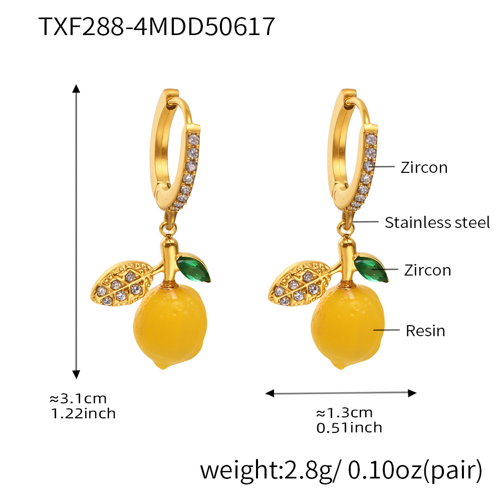 Sparkling Lemon Dangle Hoop Earrings - Zirconia Gold Plated Fruit Jewelry - 主图-8-9 