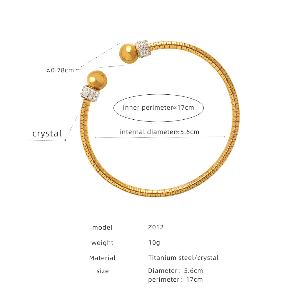 Gold Tone Flexible Cuff Bracelet | Crystal Pave Ball Ends | Modern Open Bangle - 主图-8 