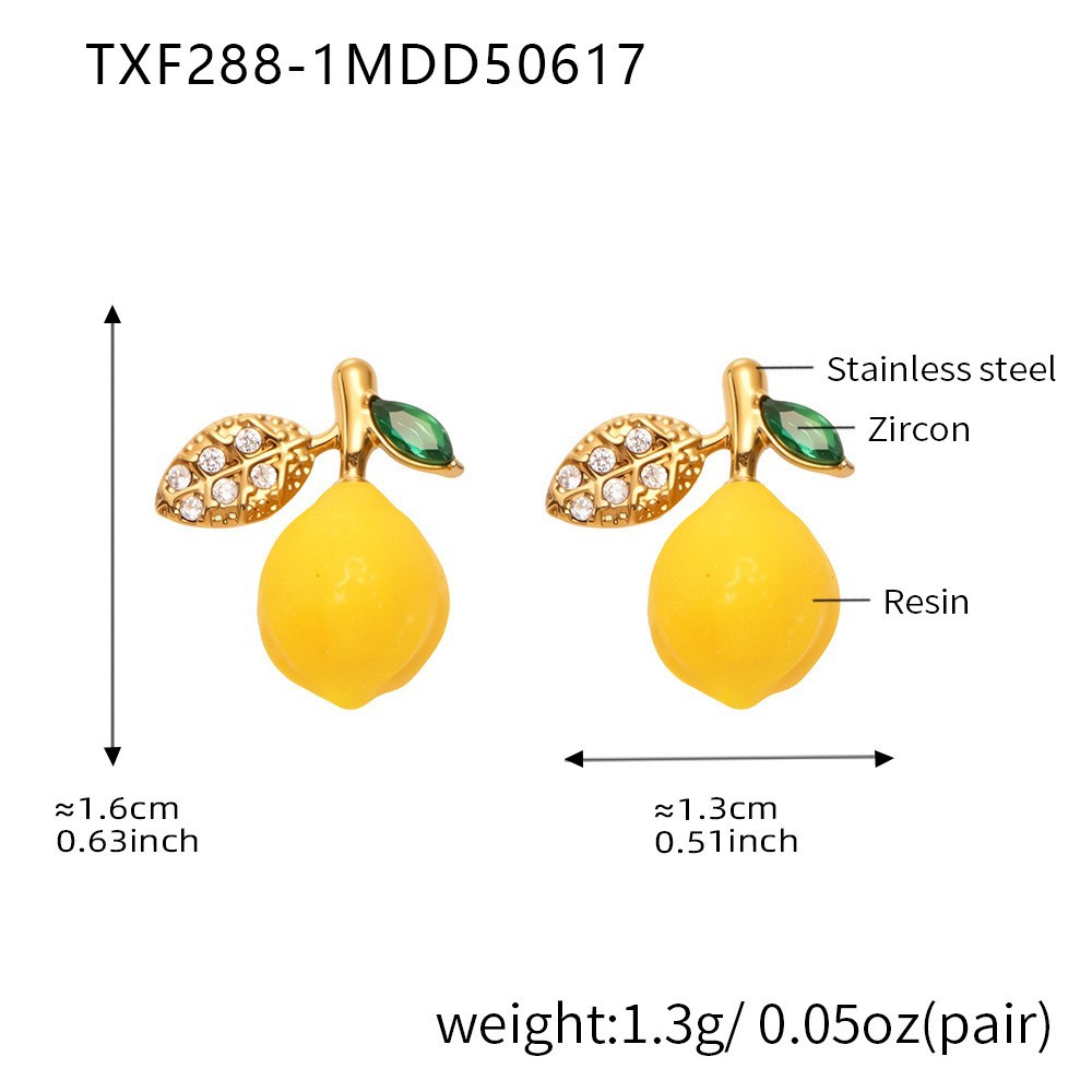 Dainty Lemon Stud Earrings - Rhinestone Leaf Design - Summer Fruit Jewelry - 主图-9-2 