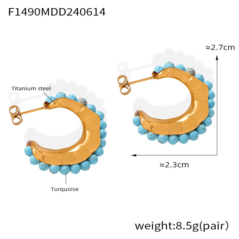 Gold Tone Beaded C-Hoop Earrings | Multi-Color, Orange, & Turquoise Stone Options - 主图-9 