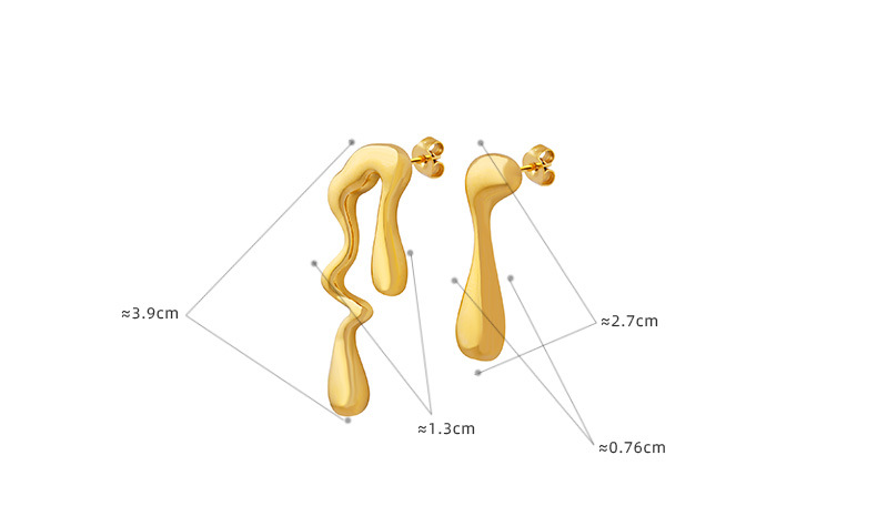 Gold Tone Stainless Steel Abstract Drop Earrings | Modern Fluid "Melted" Design Stud - 详情-15-1 