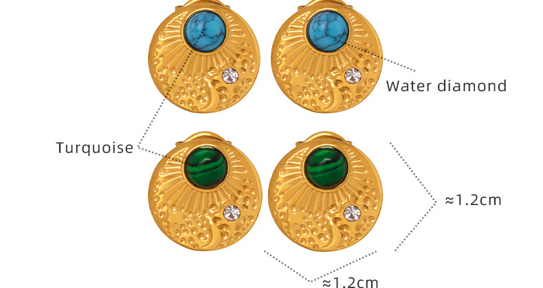 Gold Plated Statement Earrings with Turquoise/Malachite & Crystal - Vintage Inspired Disc Design - 详情-15-11 