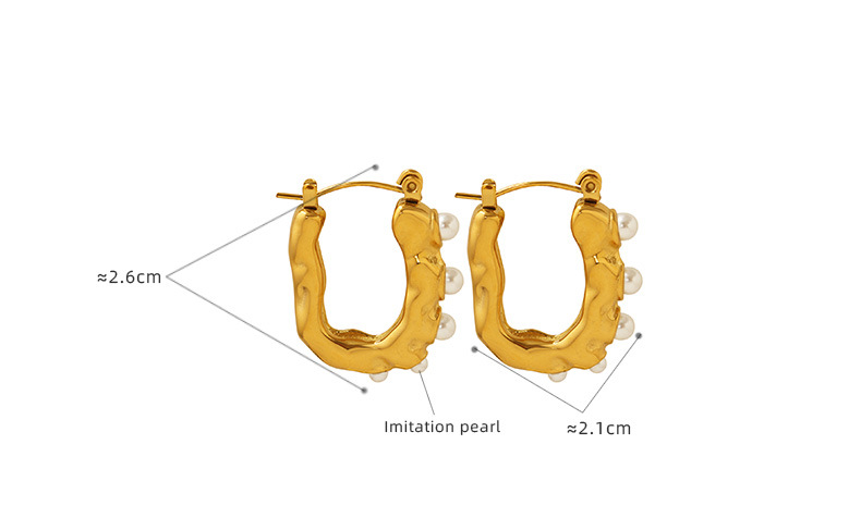 Gold Irregular Hoop Earrings with Pearl Accents - Unique Textured Design - 详情-15-13 