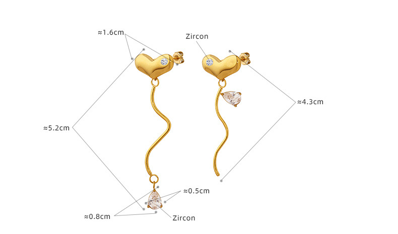 Gold Tone Wavy Dangle Earrings with Heart Stud & Teardrop Crystal | Asymmetrical - 详情-15-5 