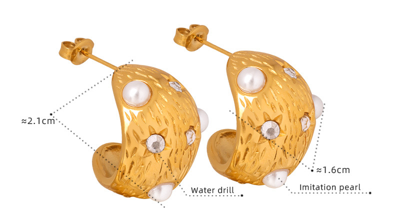 Gold Tone Chunky Textured C-Hoop Earrings | Pearl & Crystal Embellished - 详情-15-6 