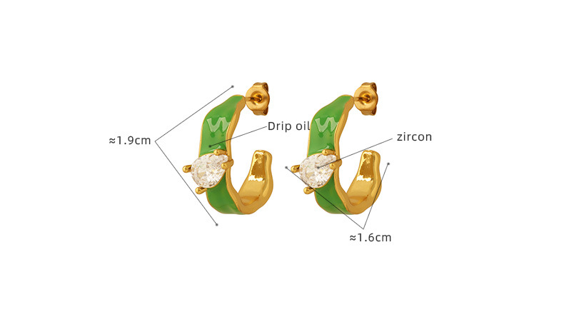 Gold Tone Green Enamel C-Hoop Earrings | Teardrop Crystal Accent - 详情-15-7 