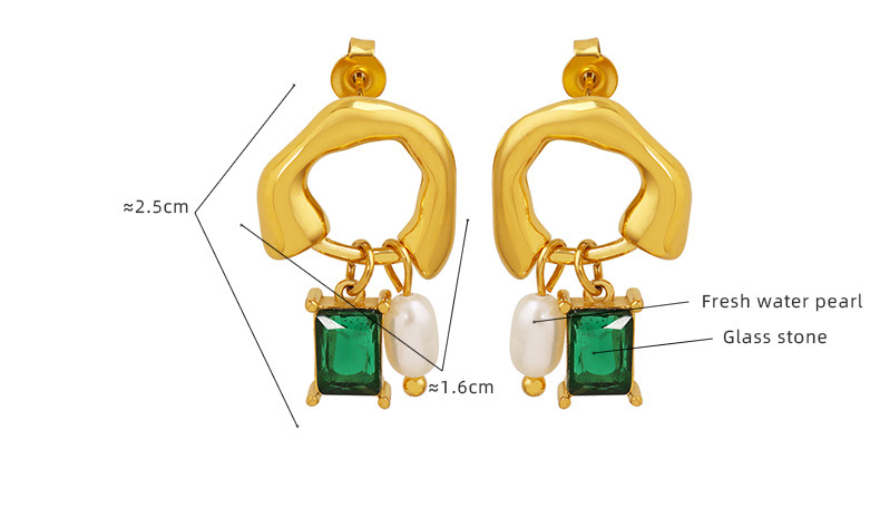 Gold Tone Stainless Steel Abstract Drop Earrings | Green Crystal & Baroque Pearl Dangle - 详情-15 