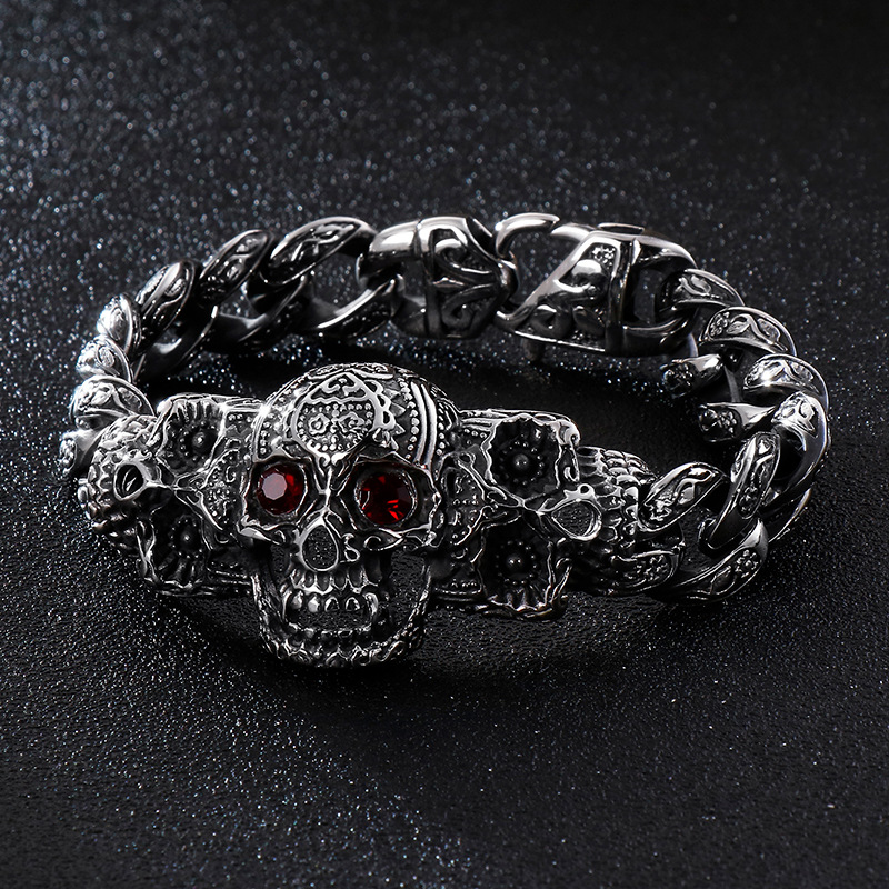 Men's Stainless Steel Skull Bracelet with Red Eyes - Biker Goth Punk Jewelry - 详情-3 