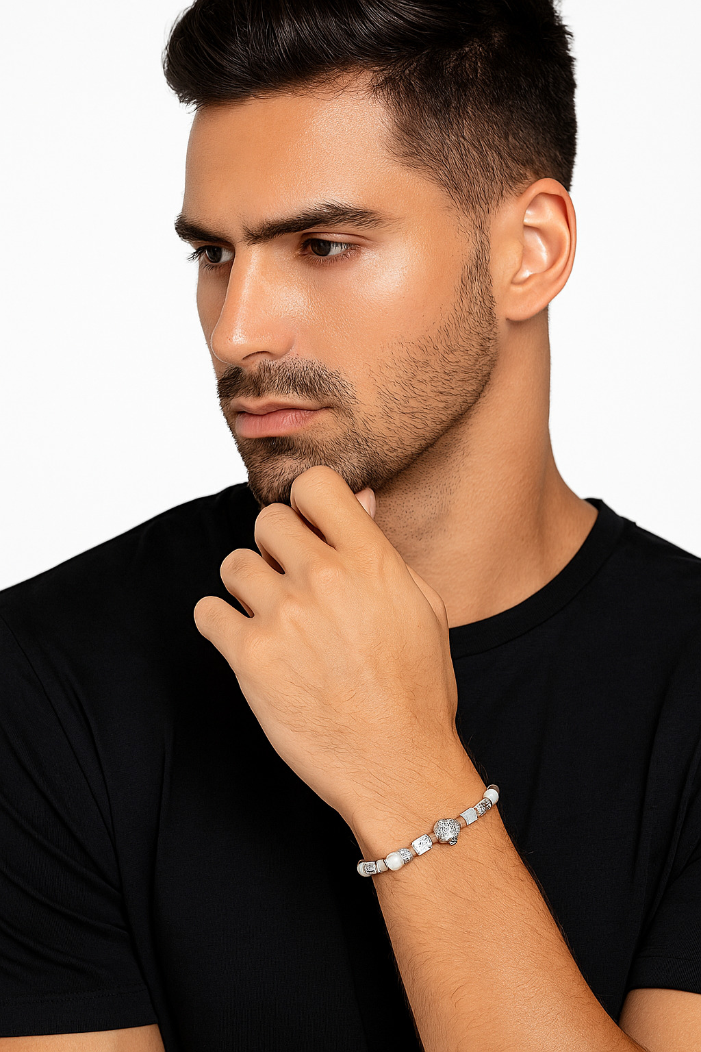 Hip Hop Men's Pearl Skull Bracelet with Cross Charms - CZ Studded Jewelry Gift - 0717-model-show-2 