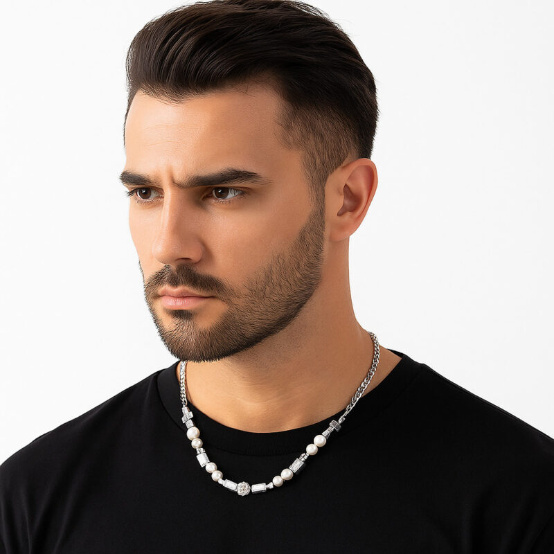Men's Iced Out Skull Cross Pearl Necklace - Hip Hop Chain with Zirconia Accents