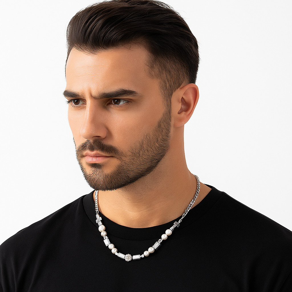 Men's Iced Out Skull Cross Pearl Necklace - Hip Hop Chain with Zirconia Accents - 0717-model-show-3 